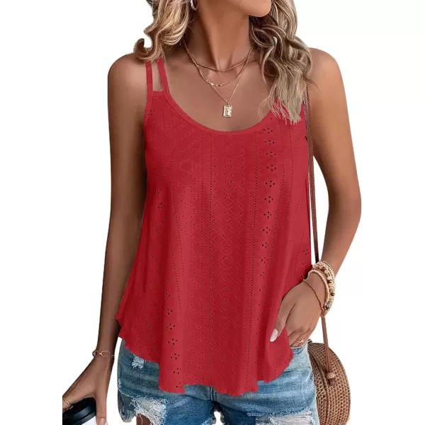 imageATHMILE Womens Tank Tops Eyelet Embroidery Sleeveless Spaghetti Strap Tops Scoop Neck Sexy Loose Fit Casual SummerRed