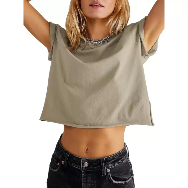 imageATHMILE Womens Tops Summer Casual Basic Short Sleeve Crewneck Crop Tops 2024 TShirtsKhaki