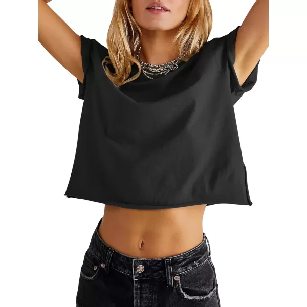 imageATHMILE Womens Tops Summer Casual Basic Short Sleeve Crewneck Crop Tops 2024 TShirtsBlack