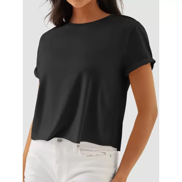 imageATHMILE Womens Tops Summer Casual Basic Short Sleeve Crewneck Crop Tops 2024 TShirtsBlack