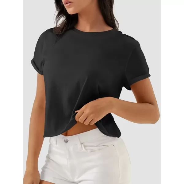 imageATHMILE Womens Tops Summer Casual Basic Short Sleeve Crewneck Crop Tops 2024 TShirtsBlack