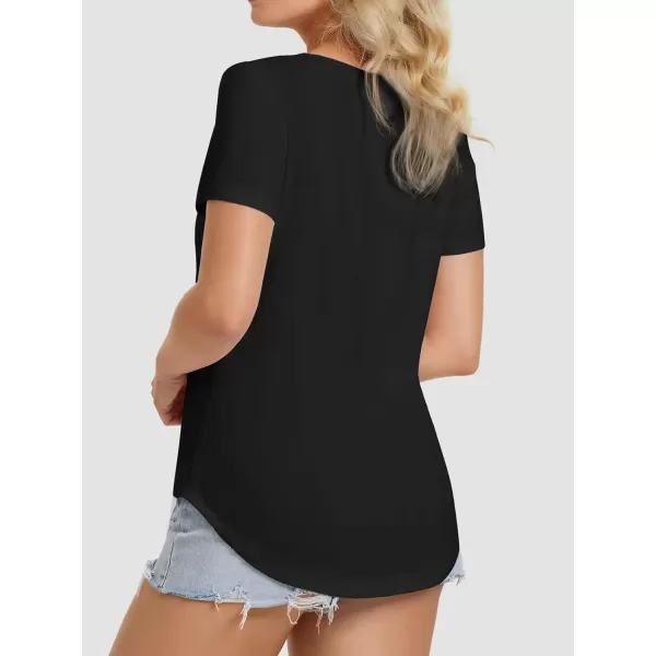 imageATHMILE Womens V Neck Short Sleeve Summer T Shirts Curved Hem Plain TopBlack
