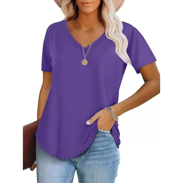 imageATHMILE Womens V Neck Short Sleeve Summer T Shirts Curved Hem Plain TopPurple