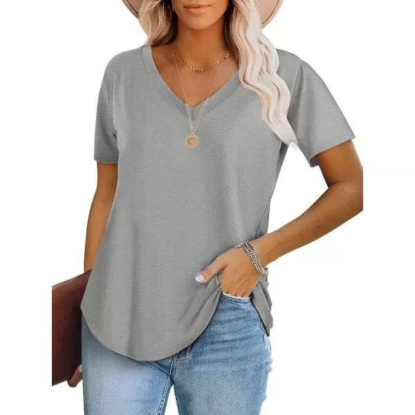 imageATHMILE Womens V Neck Short Sleeve Summer T Shirts Curved Hem Plain TopGrey
