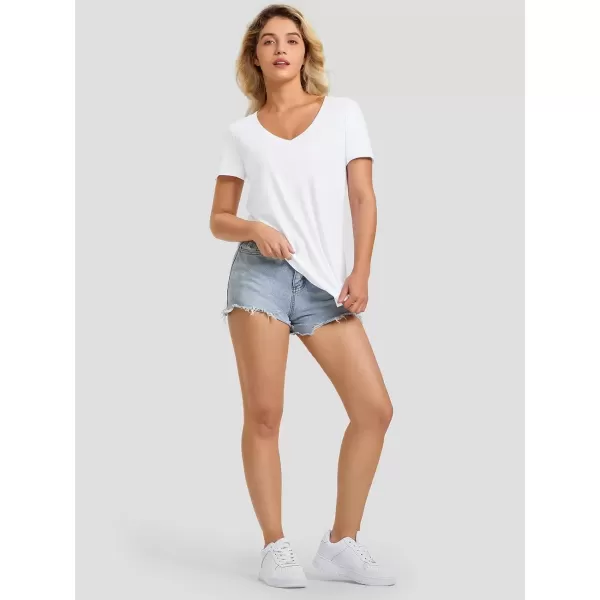 imageATHMILE Womens V Neck Short Sleeve Summer T Shirts Curved Hem Plain TopWhite