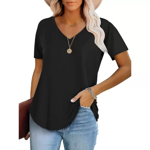 imageATHMILE Womens V Neck Short Sleeve Summer T Shirts Curved Hem Plain TopBlack
