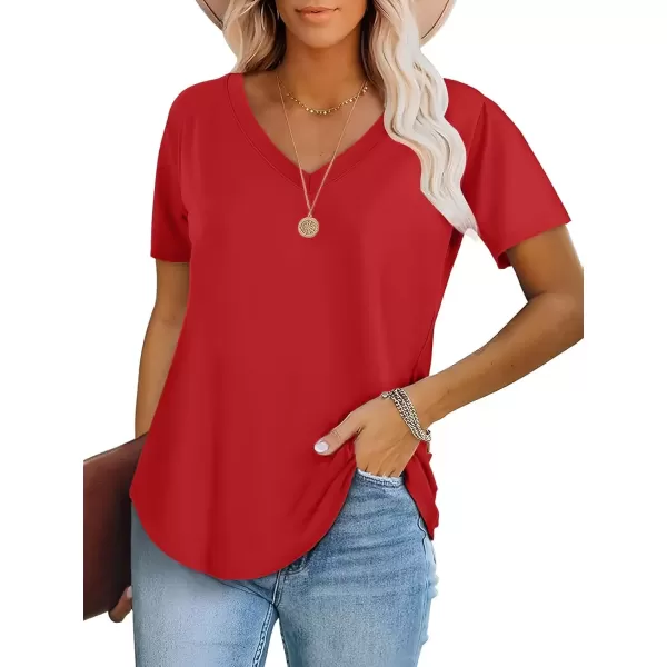 imageATHMILE Womens V Neck Short Sleeve Summer T Shirts Curved Hem Plain TopRed