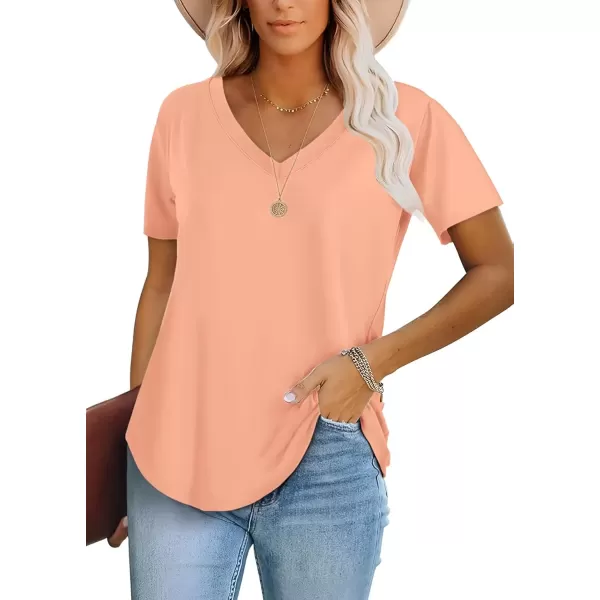 imageATHMILE Womens V Neck Short Sleeve Summer T Shirts Curved Hem Plain TopLightpink