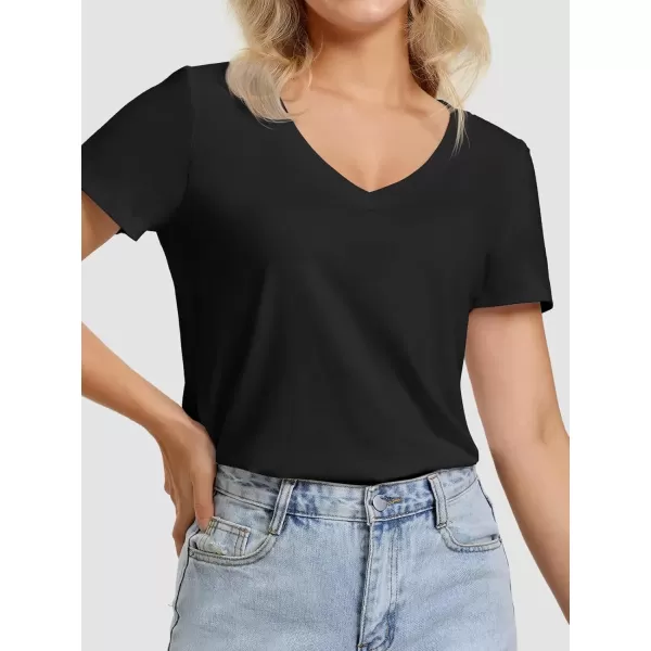 imageATHMILE Womens V Neck Short Sleeve Summer T Shirts Curved Hem Plain TopBlack
