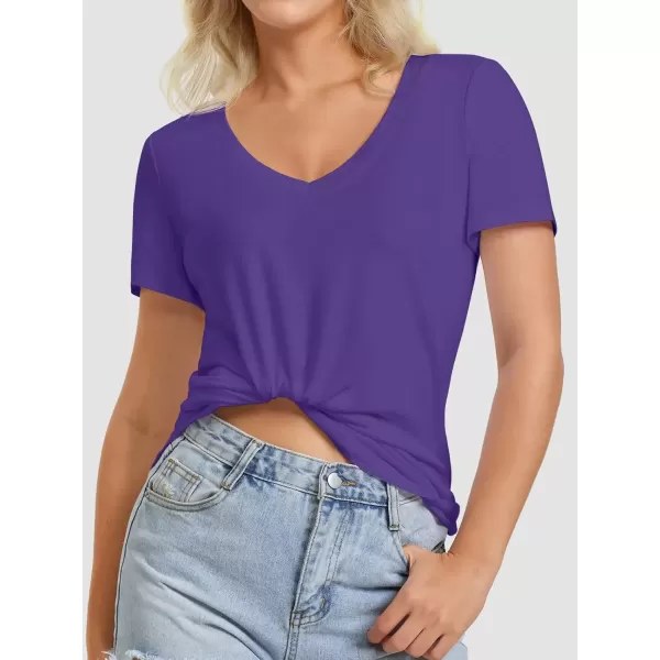 imageATHMILE Womens V Neck Short Sleeve Summer T Shirts Curved Hem Plain TopPurple