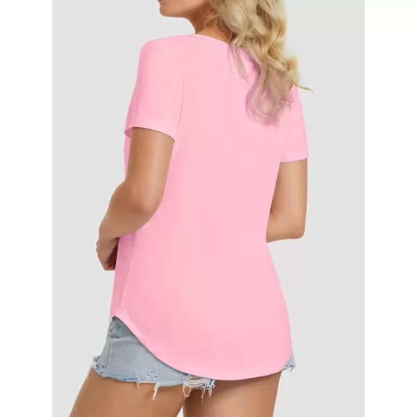 imageATHMILE Womens V Neck Short Sleeve Summer T Shirts Curved Hem Plain TopPink