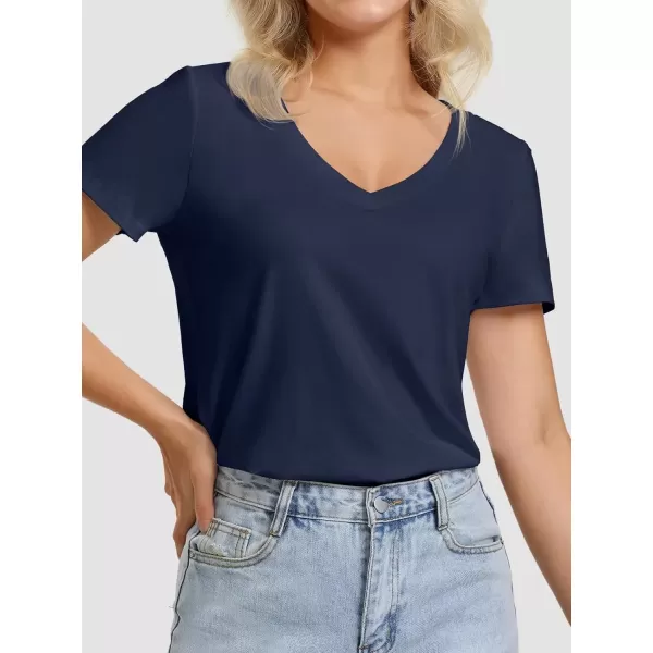 imageATHMILE Womens V Neck Short Sleeve Summer T Shirts Curved Hem Plain TopNavy