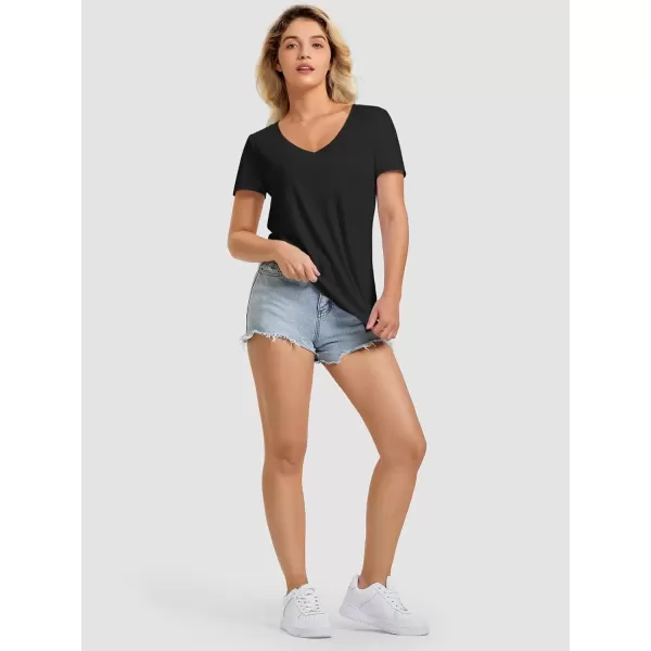 imageATHMILE Womens V Neck Short Sleeve Summer T Shirts Curved Hem Plain TopBlack