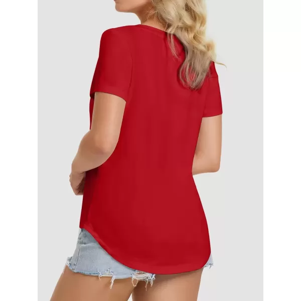 imageATHMILE Womens V Neck Short Sleeve Summer T Shirts Curved Hem Plain TopRed