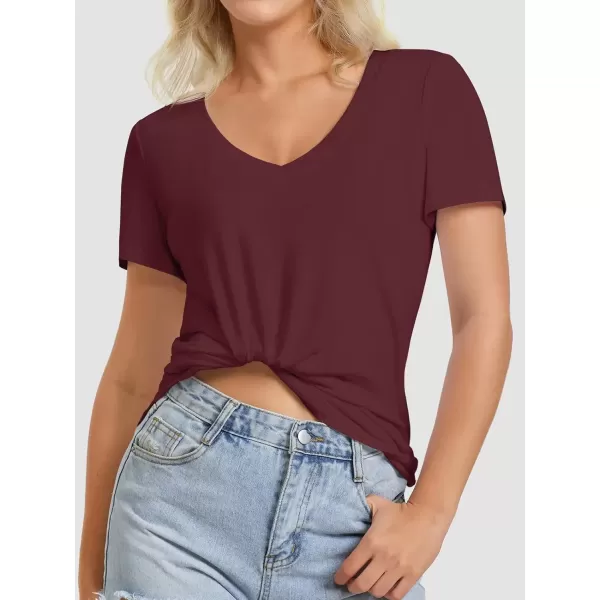 imageATHMILE Womens V Neck Short Sleeve Summer T Shirts Curved Hem Plain TopWinered