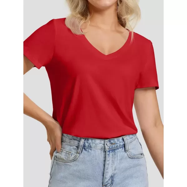 imageATHMILE Womens V Neck Short Sleeve Summer T Shirts Curved Hem Plain TopRed