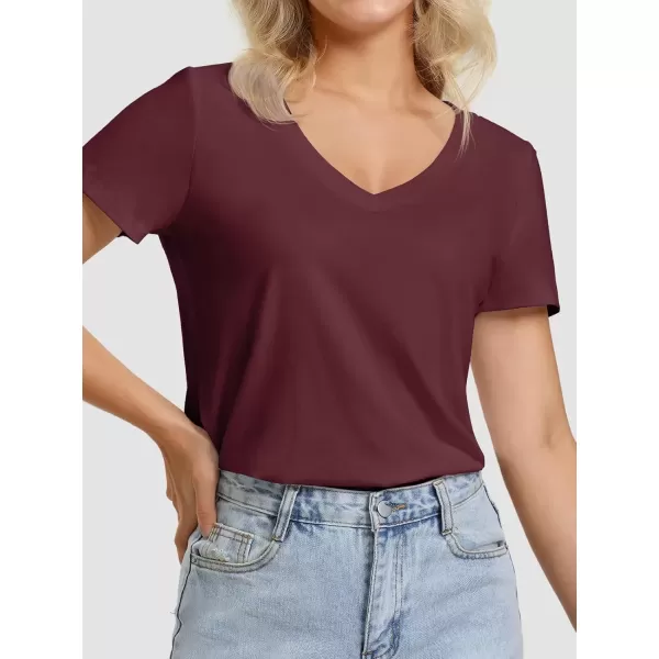 imageATHMILE Womens V Neck Short Sleeve Summer T Shirts Curved Hem Plain TopWinered