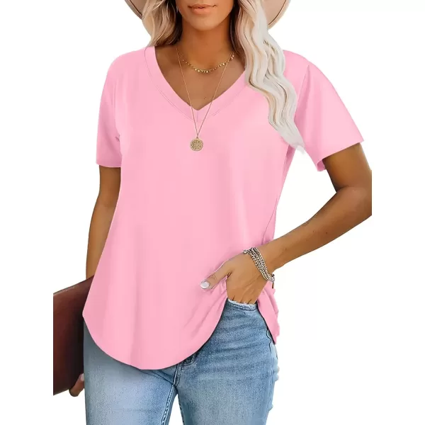 imageATHMILE Womens V Neck Short Sleeve Summer T Shirts Curved Hem Plain TopPink