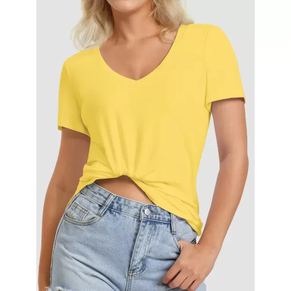 imageATHMILE Womens V Neck Short Sleeve Summer T Shirts Curved Hem Plain TopLemon