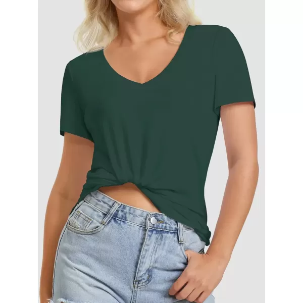 imageATHMILE Womens V Neck Short Sleeve Summer T Shirts Curved Hem Plain TopDeepgreen