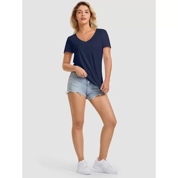 imageATHMILE Womens V Neck Short Sleeve Summer T Shirts Curved Hem Plain TopNavy