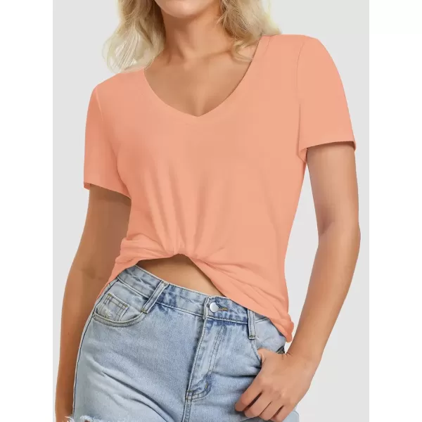 imageATHMILE Womens V Neck Short Sleeve Summer T Shirts Curved Hem Plain TopLightpink
