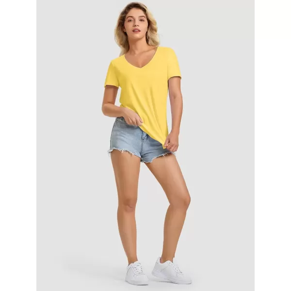 imageATHMILE Womens V Neck Short Sleeve Summer T Shirts Curved Hem Plain TopLemon