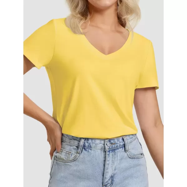 imageATHMILE Womens V Neck Short Sleeve Summer T Shirts Curved Hem Plain TopLemon