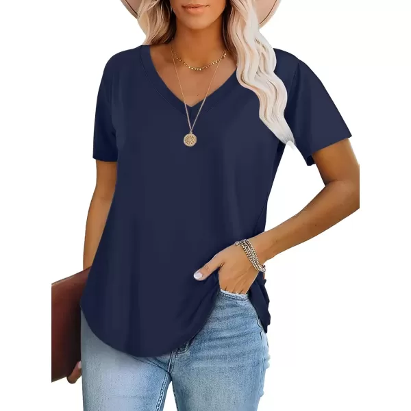 imageATHMILE Womens V Neck Short Sleeve Summer T Shirts Curved Hem Plain TopNavy