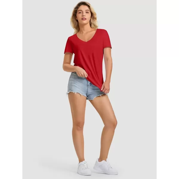 imageATHMILE Womens V Neck Short Sleeve Summer T Shirts Curved Hem Plain TopRed