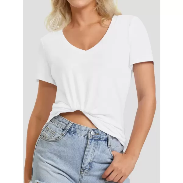 imageATHMILE Womens V Neck Short Sleeve Summer T Shirts Curved Hem Plain TopWhite