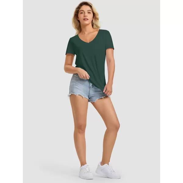 imageATHMILE Womens V Neck Short Sleeve Summer T Shirts Curved Hem Plain TopDeepgreen