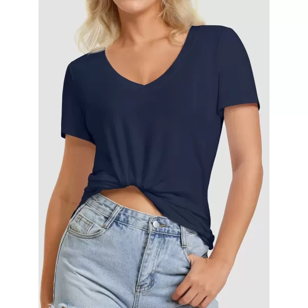 imageATHMILE Womens V Neck Short Sleeve Summer T Shirts Curved Hem Plain TopNavy