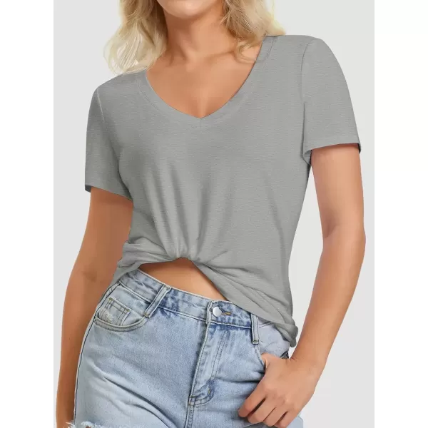 imageATHMILE Womens V Neck Short Sleeve Summer T Shirts Curved Hem Plain TopGrey