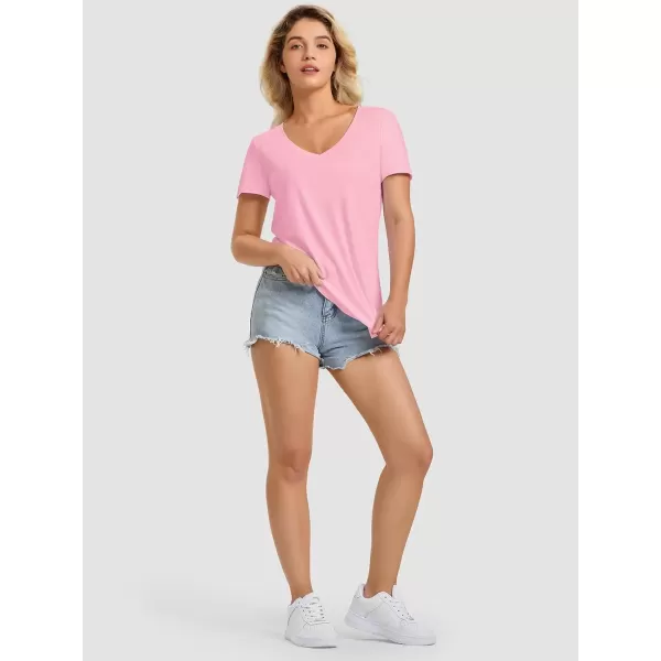 imageATHMILE Womens V Neck Short Sleeve Summer T Shirts Curved Hem Plain TopPink