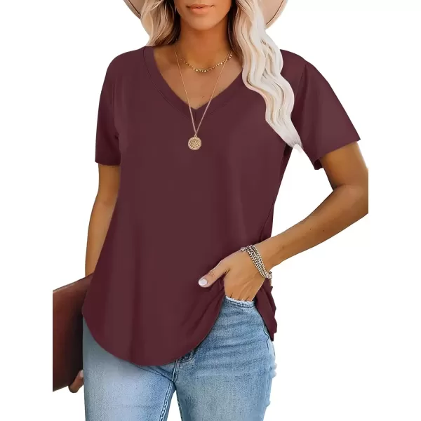 imageATHMILE Womens V Neck Short Sleeve Summer T Shirts Curved Hem Plain TopWinered