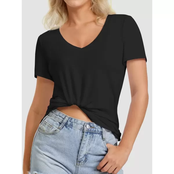imageATHMILE Womens V Neck Short Sleeve Summer T Shirts Curved Hem Plain TopBlack