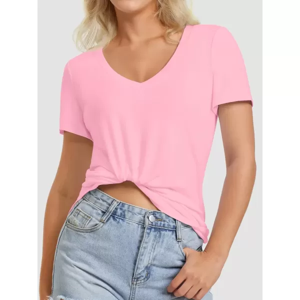 imageATHMILE Womens V Neck Short Sleeve Summer T Shirts Curved Hem Plain TopPink