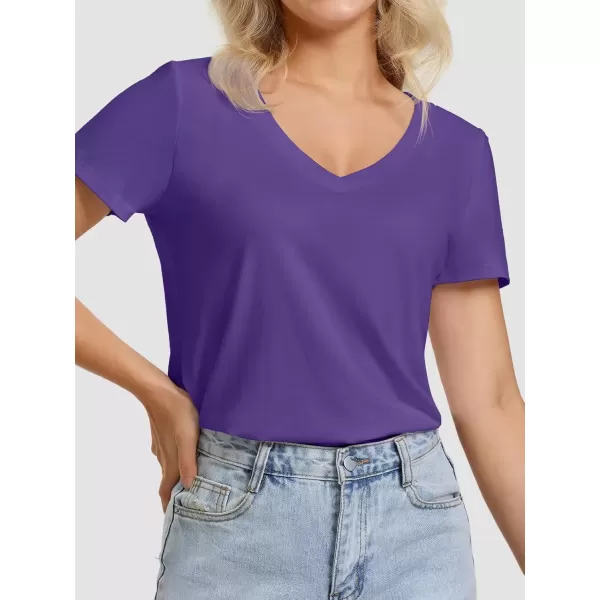 imageATHMILE Womens V Neck Short Sleeve Summer T Shirts Curved Hem Plain TopPurple
