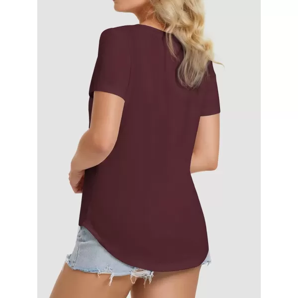 imageATHMILE Womens V Neck Short Sleeve Summer T Shirts Curved Hem Plain TopWinered