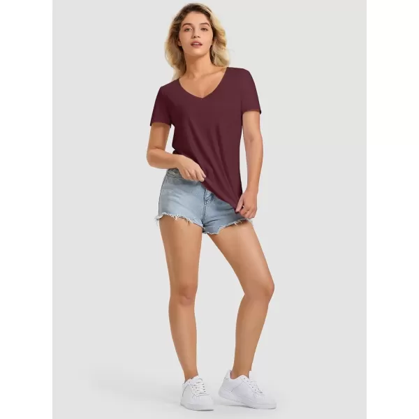 imageATHMILE Womens V Neck Short Sleeve Summer T Shirts Curved Hem Plain TopWinered
