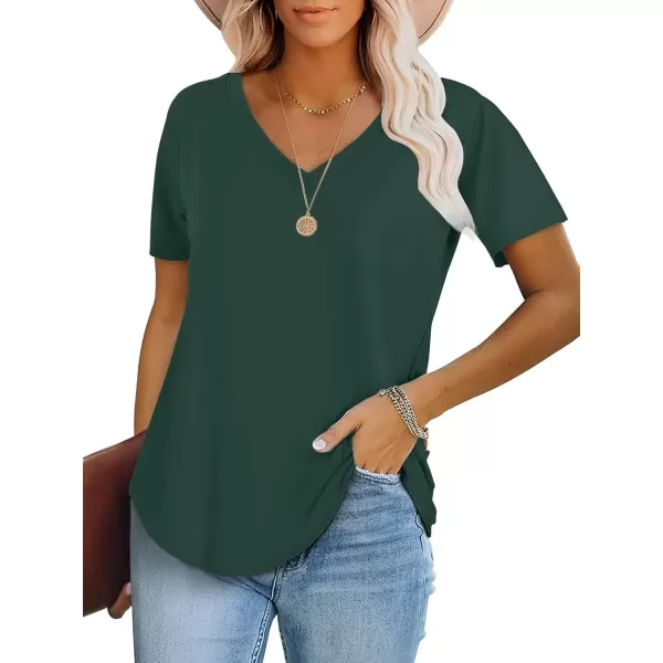 imageATHMILE Womens V Neck Short Sleeve Summer T Shirts Curved Hem Plain TopDeepgreen