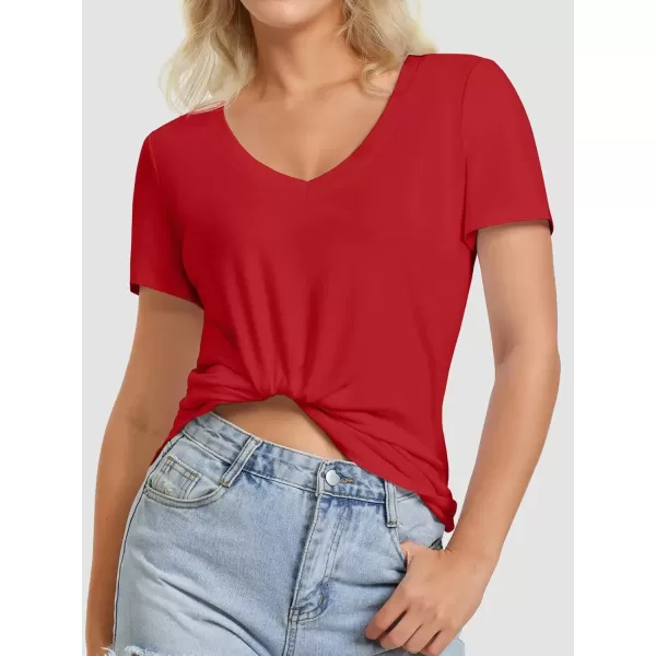 imageATHMILE Womens V Neck Short Sleeve Summer T Shirts Curved Hem Plain TopRed