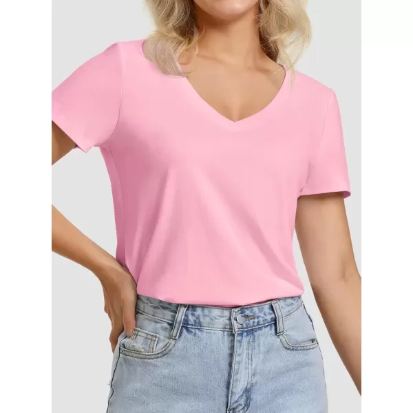 imageATHMILE Womens V Neck Short Sleeve Summer T Shirts Curved Hem Plain TopPink