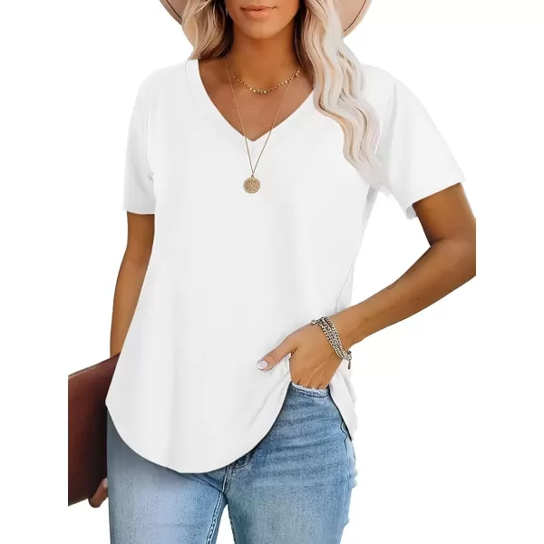 imageATHMILE Womens V Neck Short Sleeve Summer T Shirts Curved Hem Plain TopWhite