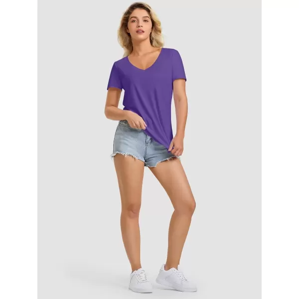 imageATHMILE Womens V Neck Short Sleeve Summer T Shirts Curved Hem Plain TopPurple