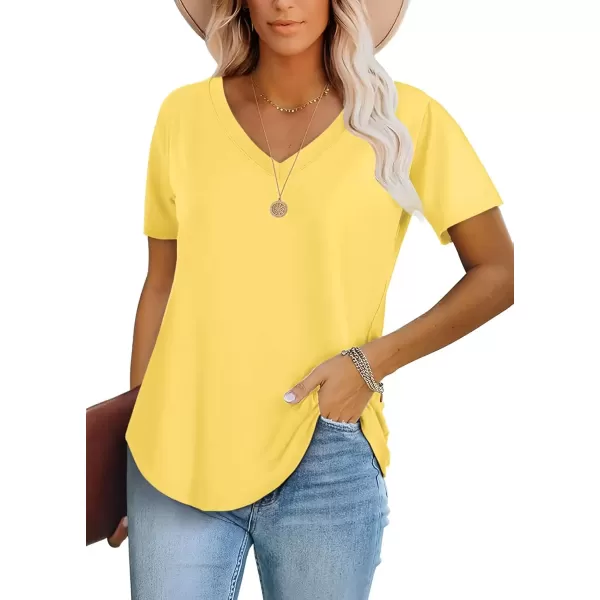 imageATHMILE Womens V Neck Short Sleeve Summer T Shirts Curved Hem Plain TopLemon