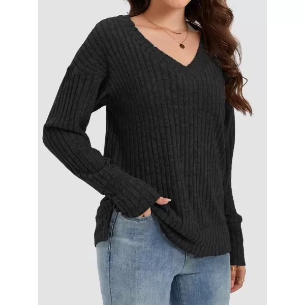 imageATHMILE Womens V Neck Sweaters Long Sleeve Shirts Lightweight Sweatshirts Trendy Fall TopsBlack