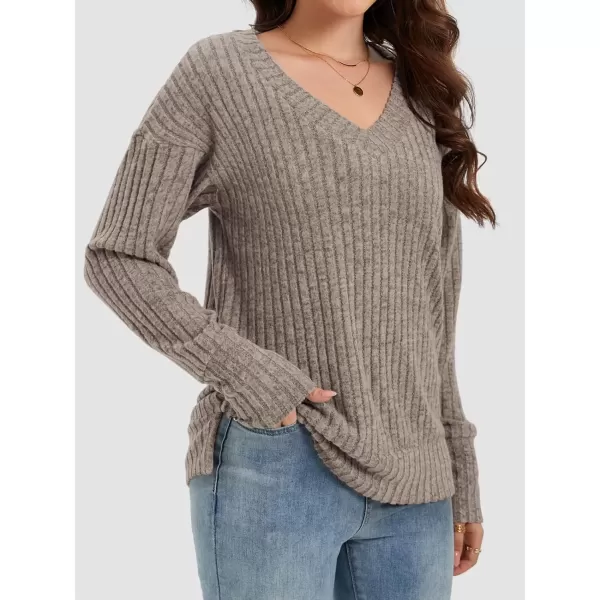 imageATHMILE Womens V Neck Sweaters Long Sleeve Shirts Lightweight Sweatshirts Trendy Fall TopsKhaki