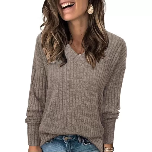 imageATHMILE Womens V Neck Sweaters Long Sleeve Shirts Lightweight Sweatshirts Trendy Fall TopsKhaki